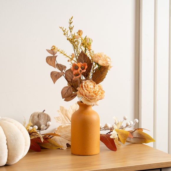 Click to view product details and reviews for Artificial Peach Rose Arrangement In Yellow Ceramic Vase.