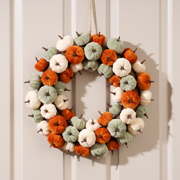 Click to view product details and reviews for Artificial Velvet Pumpkin Wreath.