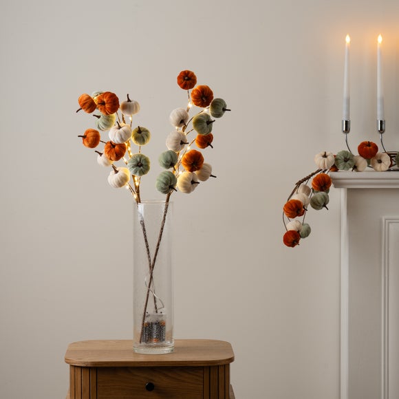 View Set Of 2 Pre-lit Artificial Velvet Pumpkin Stems View Set Of 2 Pre-lit Artificial Velvet Pumpkin Stems