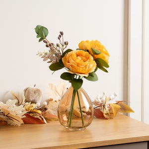 Artificial Yellow Rose Arrangement In Smoked Glass Vase