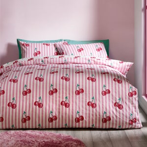 Catherine Lansfield Disco Cherries Stripes Polycotton Duvet Cover & Pillowcase Set