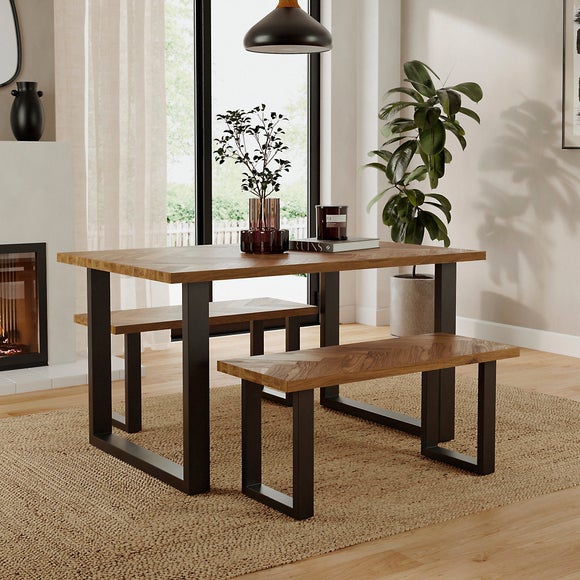 Shelton 4 Seater Dining Table and Bench Set, Parquet Oak