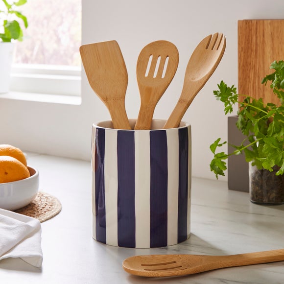 Striped Stoneware Utensil Jar