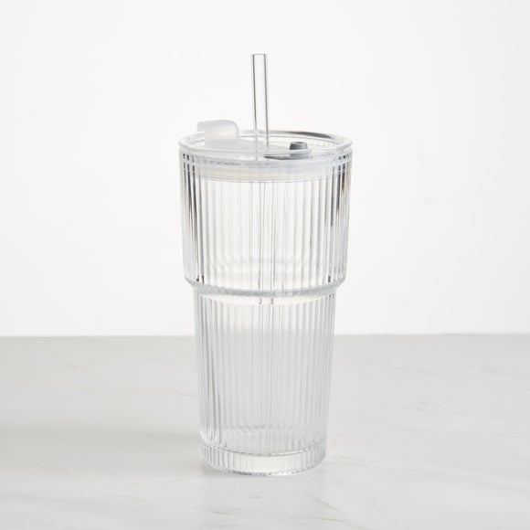 Ribbed Glass Tumbler with Lid & Straw
