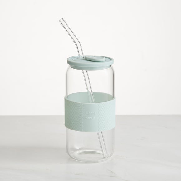 Straight Edge Glass Tumbler With Silicone Sleeve & Straw