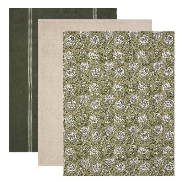 Set of 3 Woodblock Floral Tea Towels