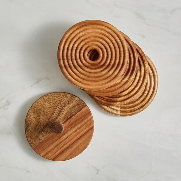 Set of 4 Round Ribbed Acadia Wood Coasters with Stand