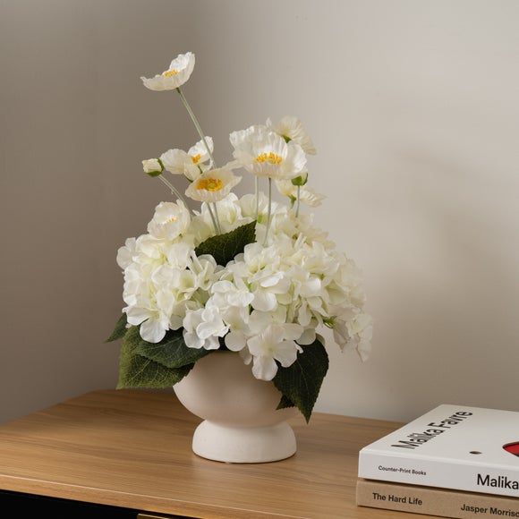Click to view product details and reviews for Artificial Poppy Hydrangea Arrangement In Ceramic Vase.