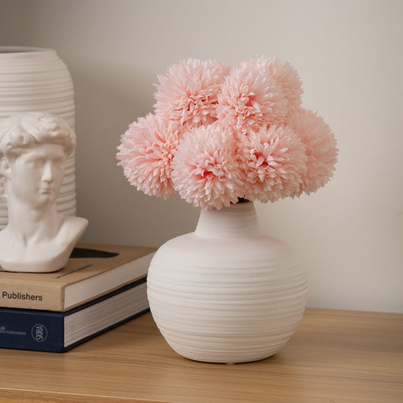 Artificial Pink Chrysanthemum In Ribbed Ceramic Vase
