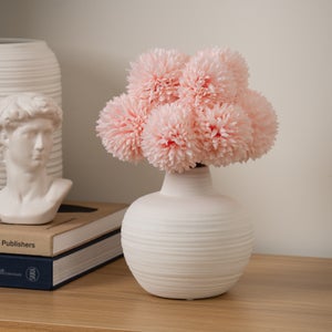 Artificial Pink Chrysanthemum In Ribbed Ceramic Vase