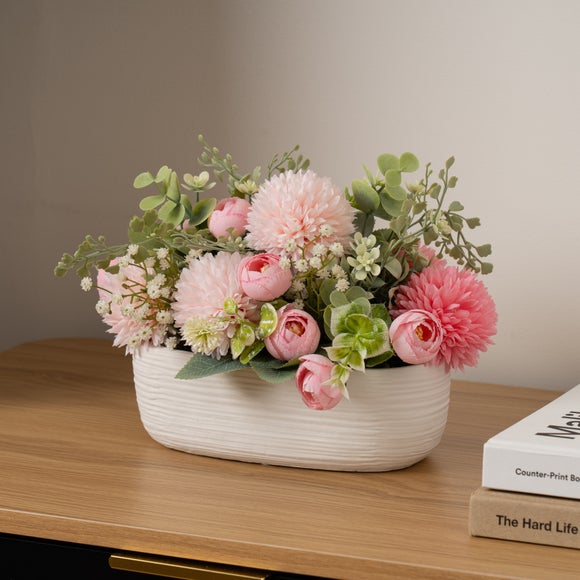 Artificial Pink Chrysanthemum In Ribbed Plant Pot