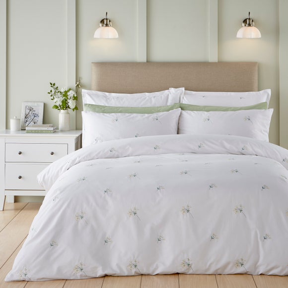 Emma Cow Parsley Embroidery 100% Cotton Sateen Duvet Cover & Pillowcase Set