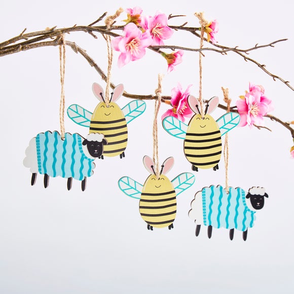 Set of 8 Easter Bees & Sheep Wooden Hanging Decorations