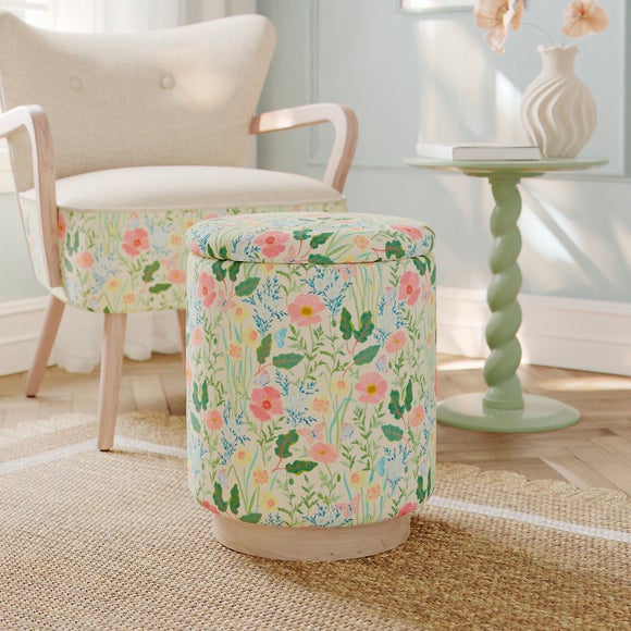 Round Spring Floral Print Storage Footstool
