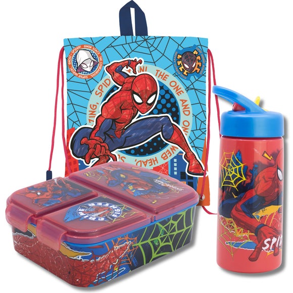 View Spiderman 3 Piece Lunch Box And Drawstring Bag Set View Spiderman 3 Piece Lunch Box And Drawstring Bag Set
