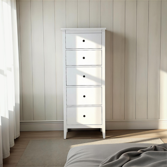 Lynton Tall Small 5 Drawer Chest, White