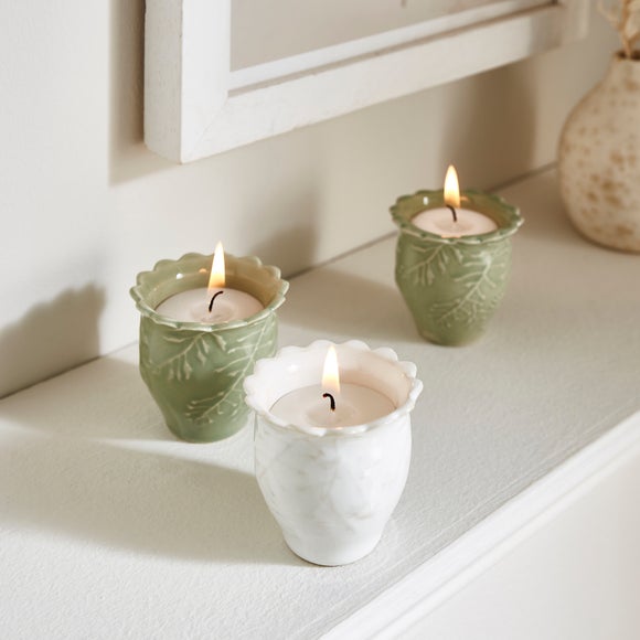 Set of 3 Embossed Ceramic Honeysuckle & Ivory Votive Candles