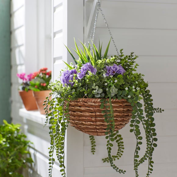 Artificial Purple Flower & Foliage Woven Hanging Basket