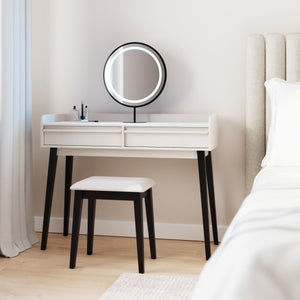 Phoebe Dressing Table With Round Led Mirror And Stool