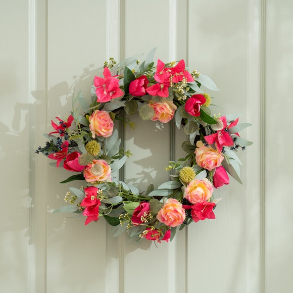 Click to view product details and reviews for Artificial Bougainvillea Eucalyptus Wreath.