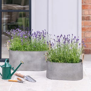 Set Of 2 Outdoor Galvanised Rope Handle Troughs