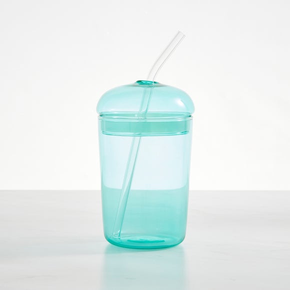 Teal Glass Tumbler with Straw