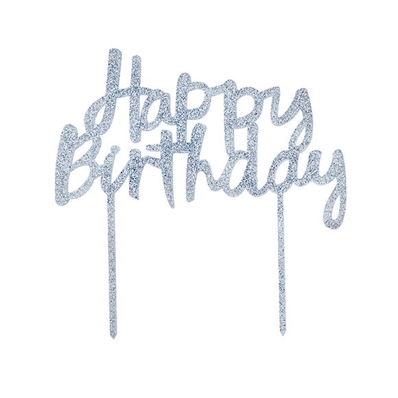 Silver 'Happy Birthday' Glitter Acrylic Cake Topper