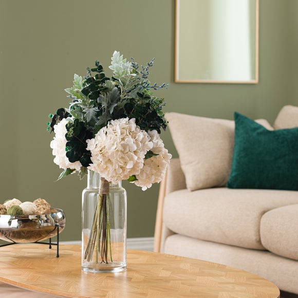 Click to view product details and reviews for Artificial White Hydrangea Deep Foliage Bouquet. Click to view product details and reviews for Artificial White Hydrangea Deep Foliage Bouquet.