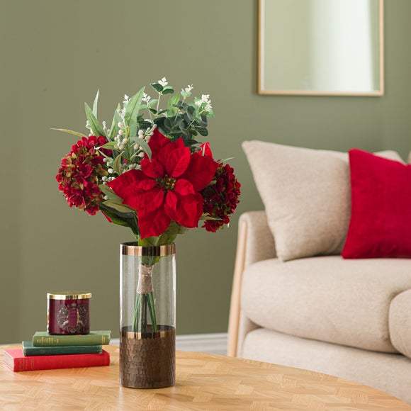 Click to view product details and reviews for Artificial Red Poinsettia Hydrangea Bouquet. Click to view product details and reviews for Artificial Red Poinsettia Hydrangea Bouquet.