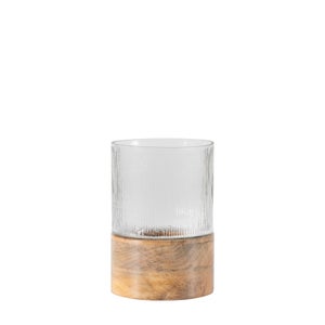 Cedar & Sage Belver Mango Wood & Fluted Glass Hurricane Candle Holder