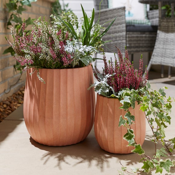 Set of 2 Tall Ribbed Fibre Clay Plant Pots