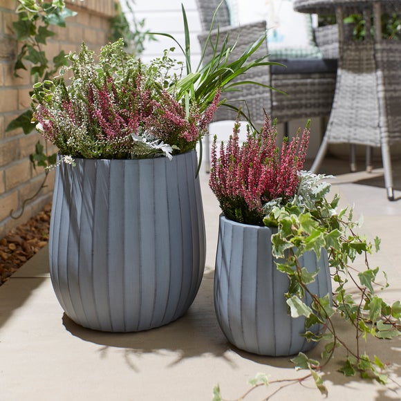 Set of 2 Tall Ribbed Fibre Clay Plant Pots