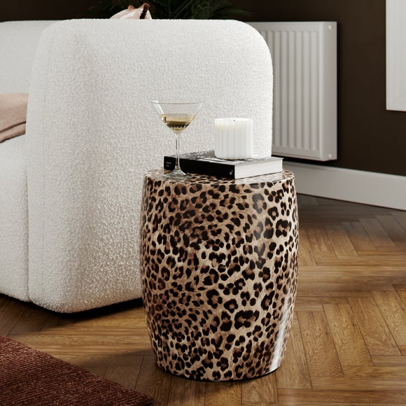 Metal Leopard Print Drum Table