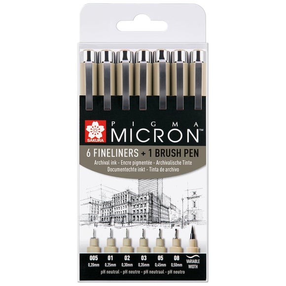 Sakura Pigma Pack of 6 Micron Fineliners & 1 Brush Pen
