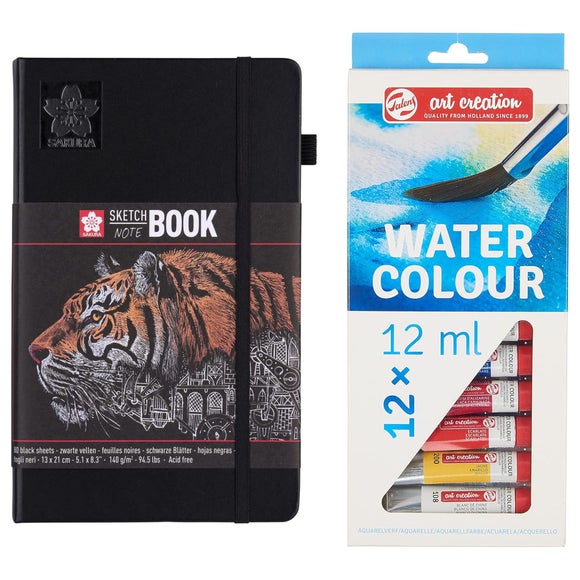 Sakura Black Paper Sketchbook with Talens Pack of 12 Watercolour Paints