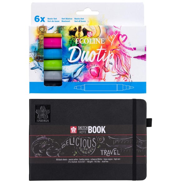 Sakura Black Paper Sketchbook with Pack of 6 Ecoline Watercolour Duo Tip Pens