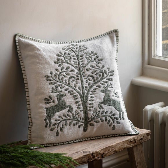 Christmas Tree and Leaping Dear Ornamented Square Cushion