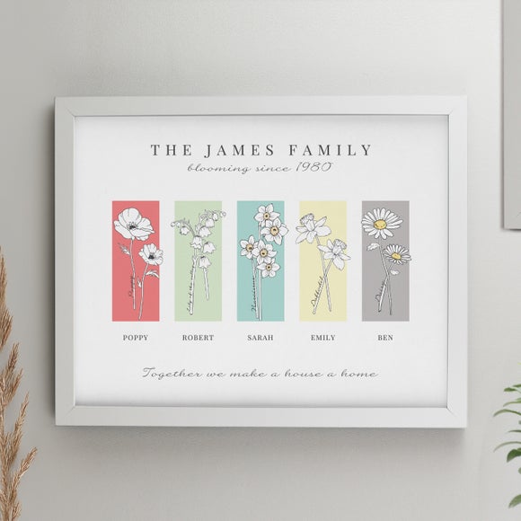 Personalised Birth Flower Family of 5 Framed Print