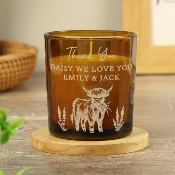 Personalised Engraved Highland Cow Glass Candle