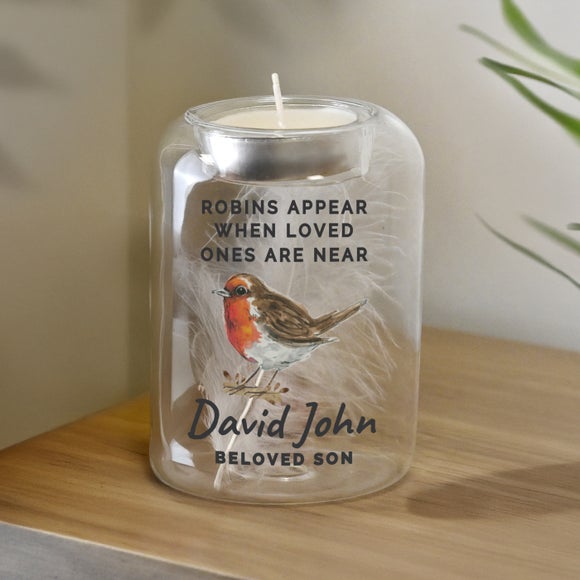 Personalised Robin Memorial Feather Tealight Holder
