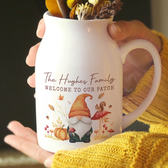 View Personalised Autumn Gnome Flower Jug Vase View Personalised Autumn Gnome Flower Jug Vase