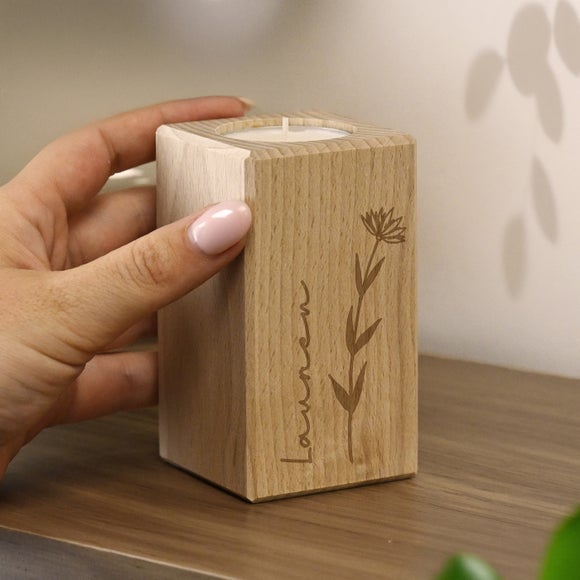 Personalised Engraved Floral Wooden Tealight Holder