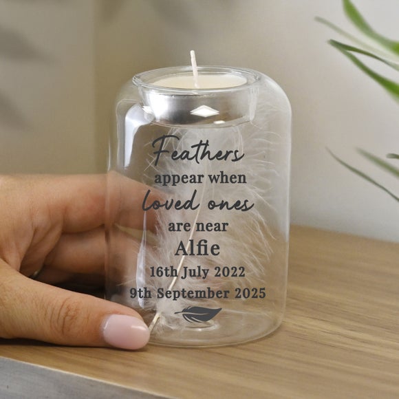 Personalised Loved Ones Feather Memorial Tealight Holder