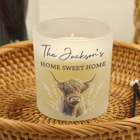 Personalised Highland Cow Frosted Glass Candle