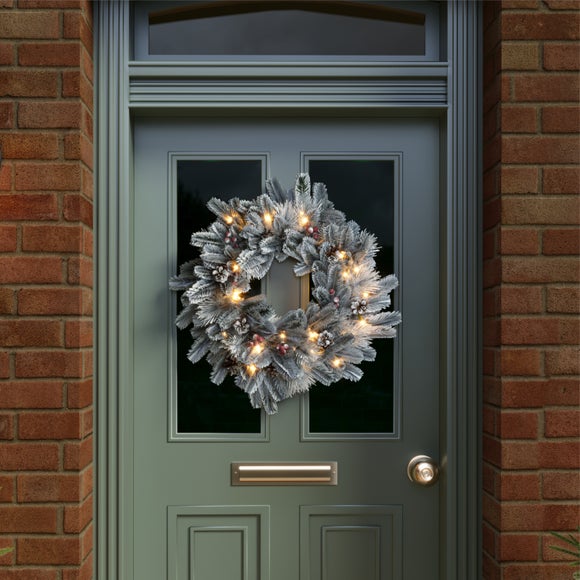 Charles Bentley Artificial Pre-Lit Snowy Wreath with Red Berries