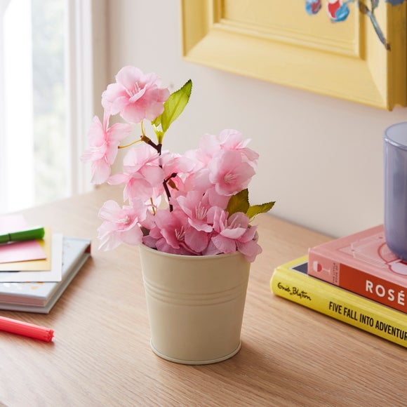 Artificial Pink Blossom in White Plant Pot