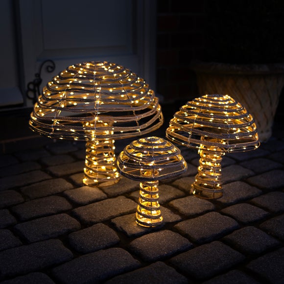 Charles Bentley Set of 3 Light Up Indoor Outdoor Rattan Mushrooms