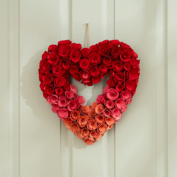 Artificial Red Ombre Rose 34cm Heart Wreath