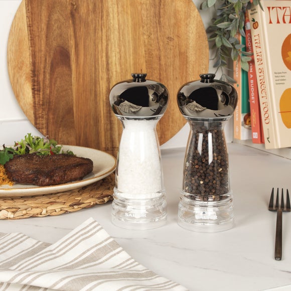 Click to view product details and reviews for Salter Harper Grey Topped Salt And Pepper Mill Set.