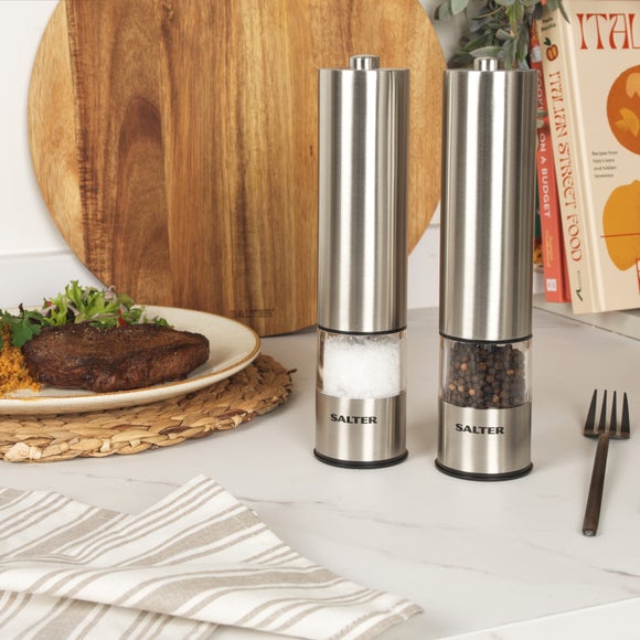 Click to view product details and reviews for Salter Electric Stainless Steel Salt And Pepper Mill Set.